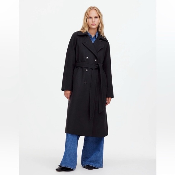 Madewell Double-Breasted Trench Coat True Black Wool Cashmere Overcoat XS NWT - Picture 1 of 15